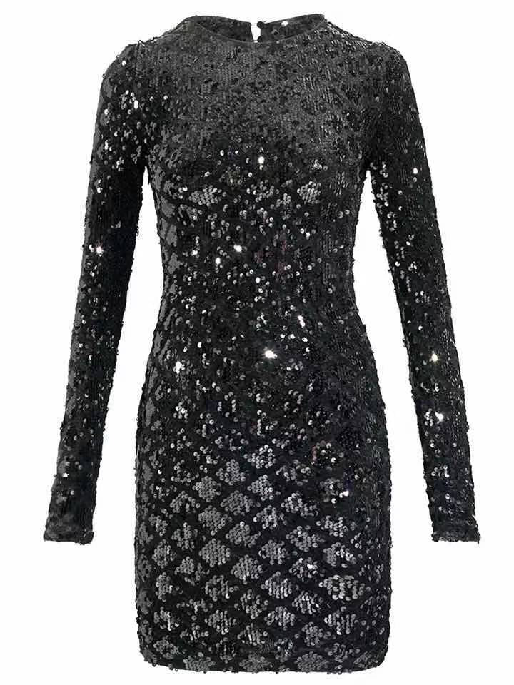 2024 Spring and Summer New Velvet Sequined Long Sleeve Dress Women's Sexy Skinny Hip Dress Socialite Temperament