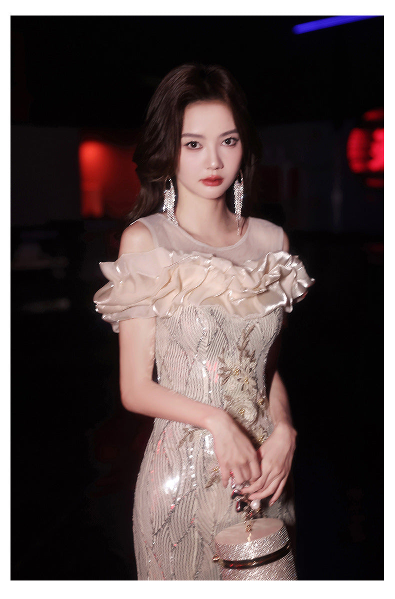 Fishtail Evening Dress 2024 New Sequined off-Shoulder Light Luxury Minority Host Banquet Heavy Work Waist-Tight Evening Dress