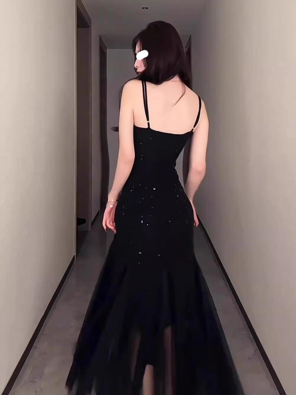 French Style Black Heavy-Duty Sling Dress Women's Summer Evening Dress Temperament Waist-Controlled Slim Fit Sexy Fishtail Long Dress