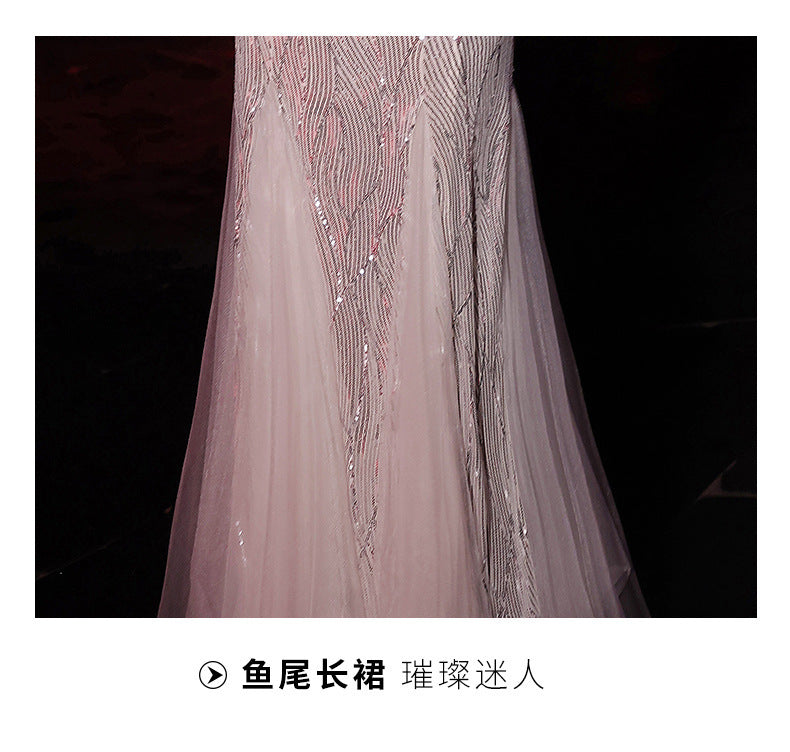 Fishtail Evening Dress 2024 New Sequined off-Shoulder Light Luxury Minority Host Banquet Heavy Work Waist-Tight Evening Dress