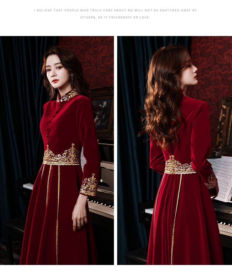 Toast Dress Bride 2024 New Autumn Velvet Chinese Style Wedding Evening Dress Engagement Back-to-Door Banquet Toast