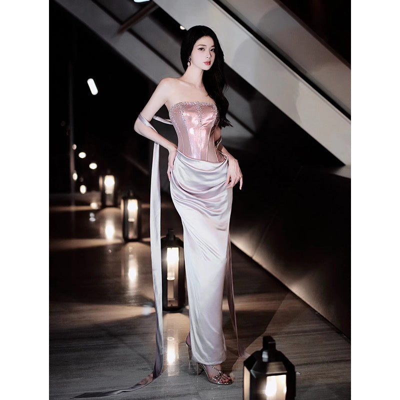 Pink Toast Clothing Morning Gowns 2024 New High Sense Banquet Temperament Host Tube Top Bride Engagement Formal Dress Female