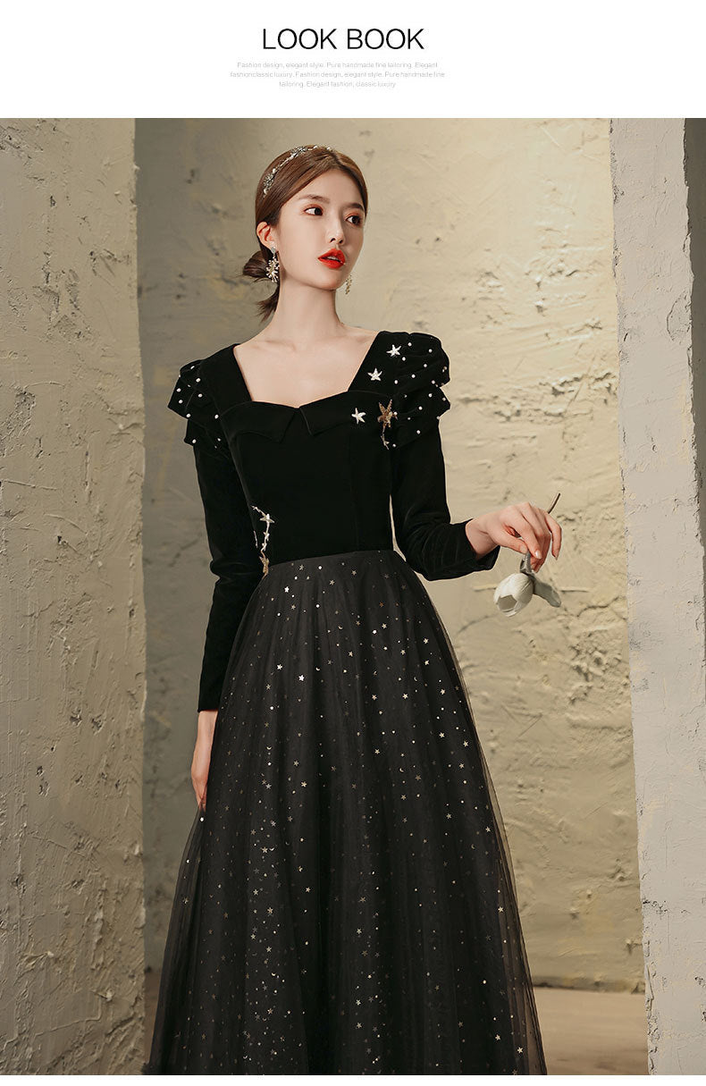 Banquet Evening Dress 2024 New Black Ladies Long Sleeves Graceful Formal Dress Host Performance Dinner Annual Meeting Gift