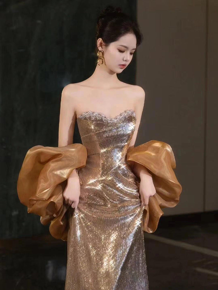 Golden Evening Dress 2024 High-Grade Wine Red Tube Top Bride Engagement Toast Dress Banquet Temperament Host