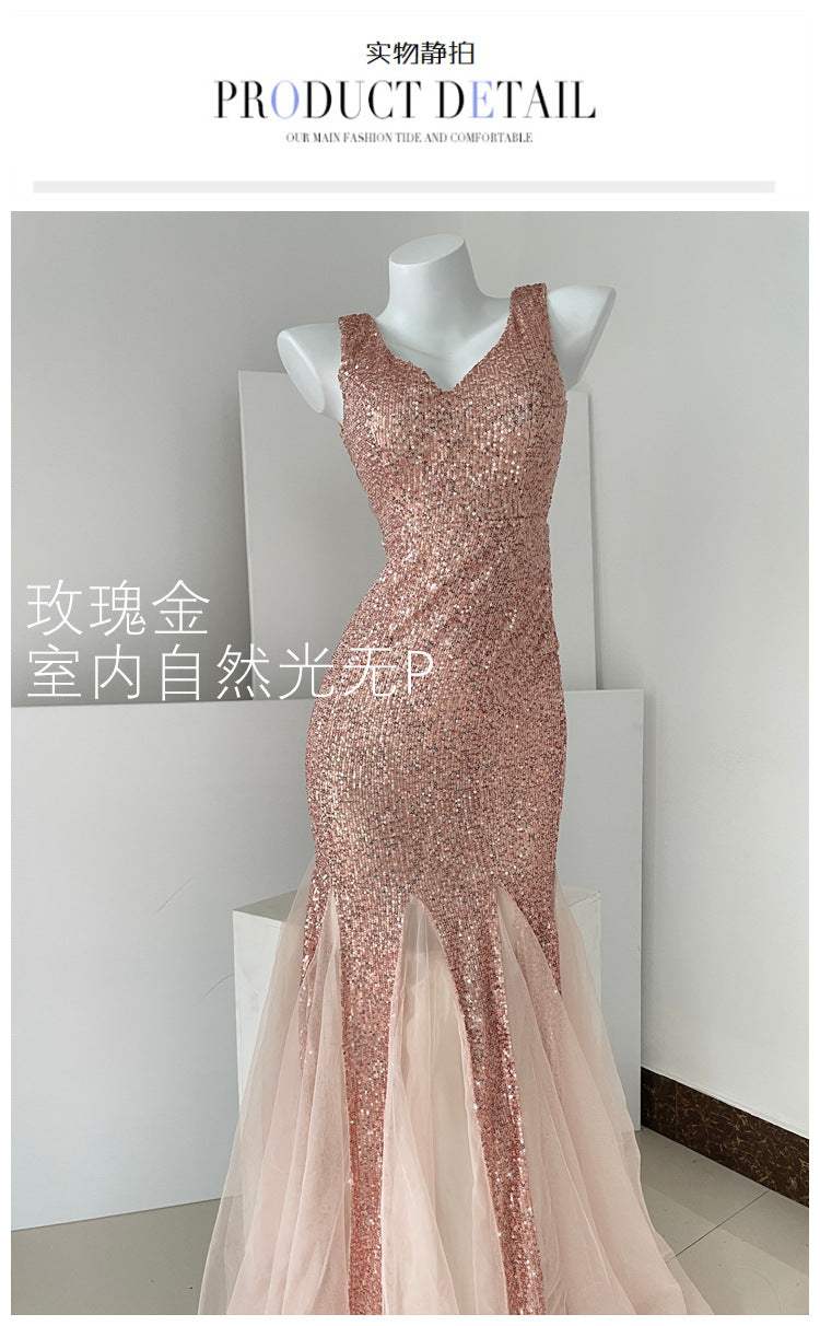 Mermaid Banquet Evening Dress 2024 New High-Grade Fine Glitter Dress Mesh Fishtail Dress Small Dress