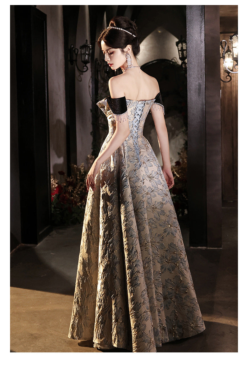 off-Shoulder Banquet Evening Dress Dress Female Gao Ding French Entry Lux Niche High-End Temperament Senior Sense Host Adult Ceremony