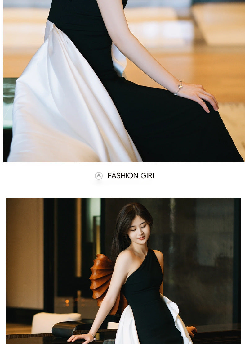 Black Banquet Evening Dress Birthday Slim Light Luxury Minority Temperament One Shoulder Fishtail Small Dress Host Dress