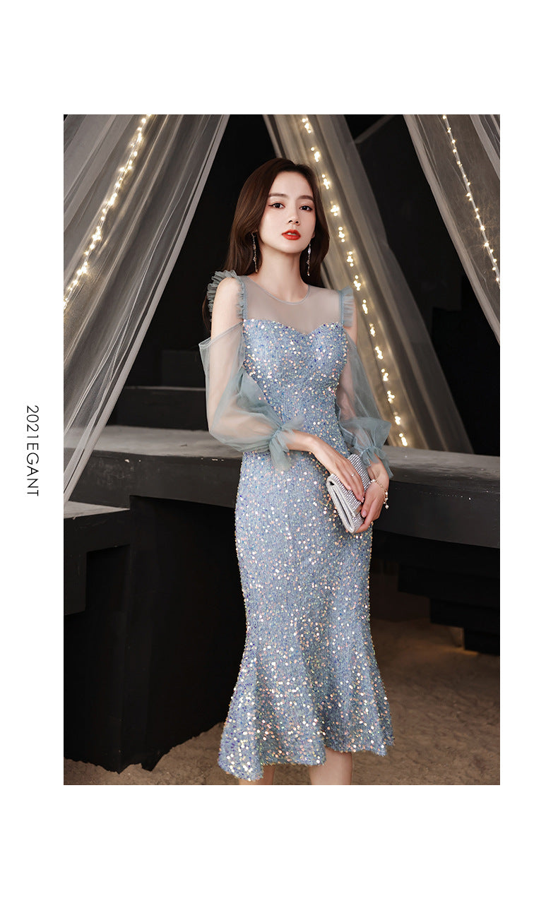 Fishtail Dress Evening Dress for Women Summer Long-Sleeve Elegant Daily Style Dress Host Temperament Banquet Dress
