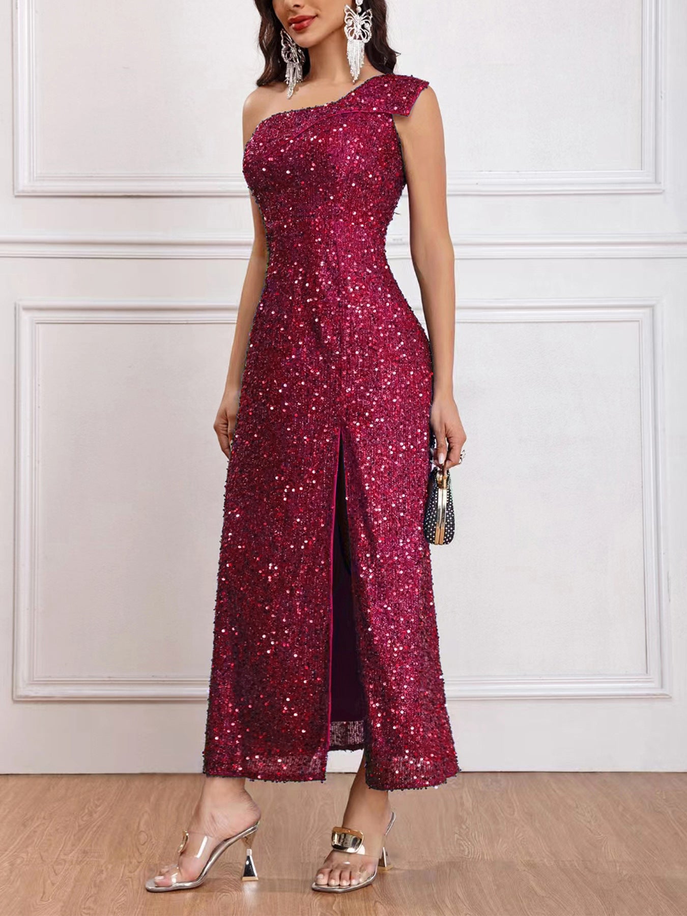 European and American Style New Women's Clothing 2024 Spring Fashionable Sequins Shoulder Sleeveless Split Dress Solid Color Foreign Trade Wholesale