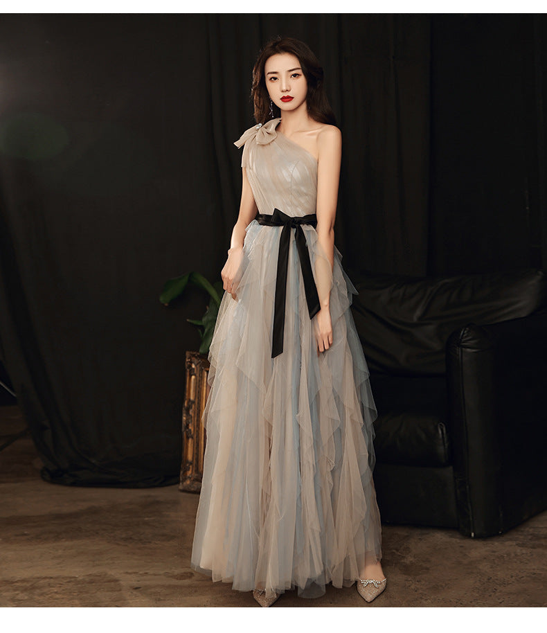 Annual Party Evening Dress Women's 2024 Belt Oblique Shoulder Design Socialite Host Dress Temperament Piano Performance Dress