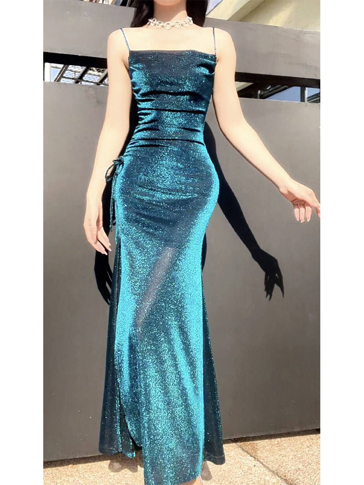 [Rona River Starry Night] Light Luxury Bright Silk Sling Dress Elegant Slimming High-End Evening Dress High-End Dress