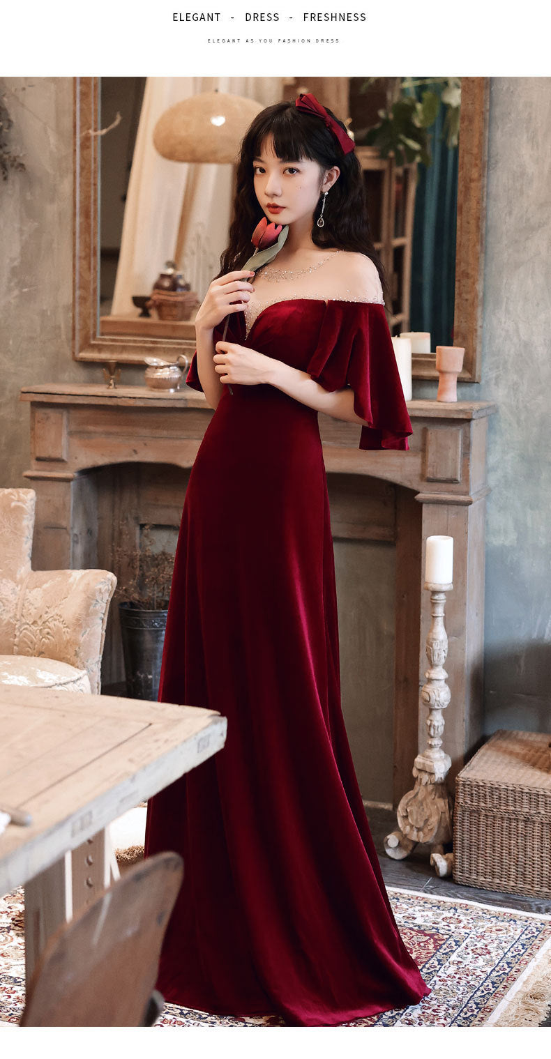 Toast Dress Bride 2024 New Autumn Wine Red V-neck Banquet Evening Dress Elegant Figure Flattering Wedding Toast Dress