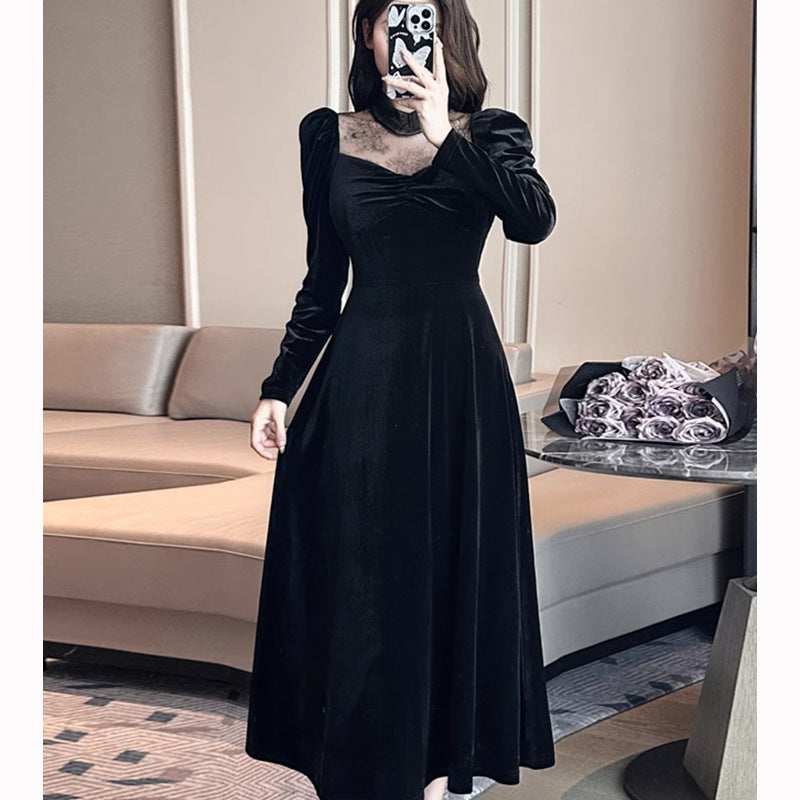 2023 Autumn and Winter Annual Party Party Dress Skirt ~ French Style Hepburn Elegant Half Turtleneck Lace Stitching Velvet Dress