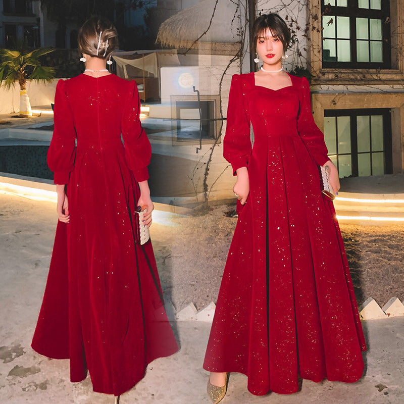 Evening Dresses Red Long Sleeve Dinner Dress Party Ball Gown Host'S Fishtail Star Shining H333