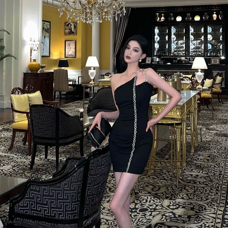 Sexy Irregular Spaghetti-Strap Dress Women's Spring and Summer French Pure Hot Girl Temperament Waist-Controlled Banquet Dress Black Dress