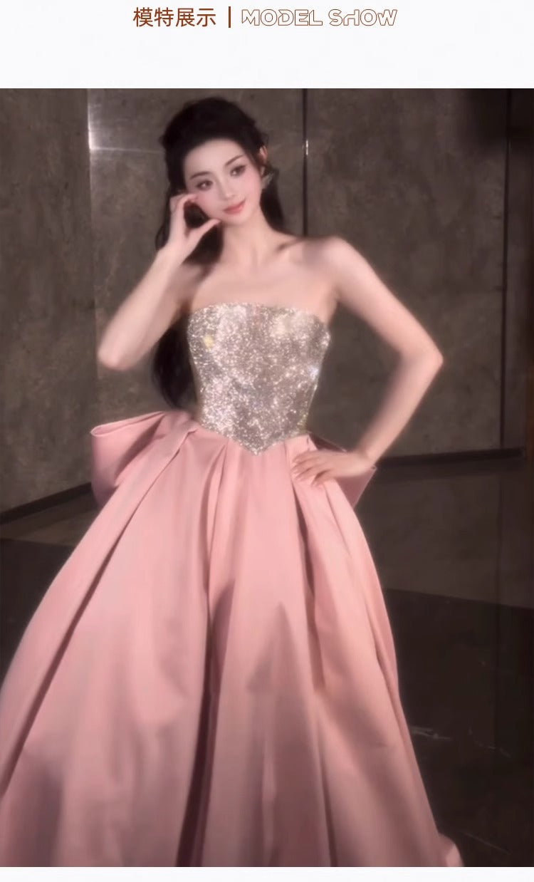 Pink Evening Dress for Women 2024 New High-Grade Tube Top Banquet Temperament Host Birthday Dress 18-Year-Old Adult Ceremony