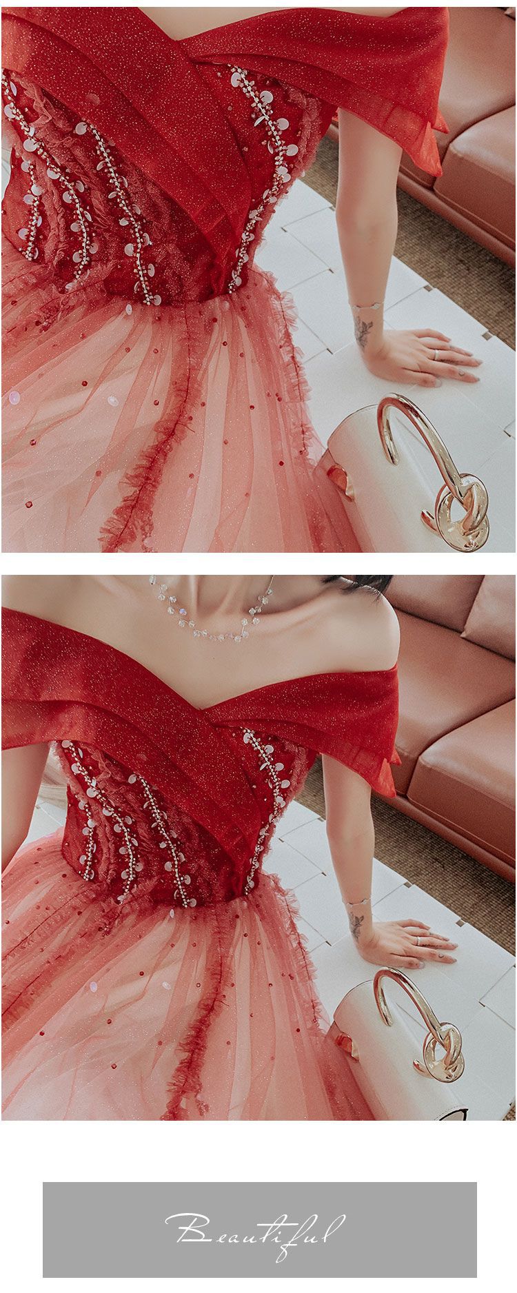 off-Shoulder Slimming Gradient Red Toast Dress 2024 New Bride Banquet Annual Meeting Wedding Party Dress Wholesale