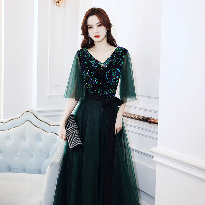 Evening Dress Prom dresses Green sequin Women Banquet Temperament French Entry Lux Niche High-End Dark Green Princess Annual Meeting Host H28822