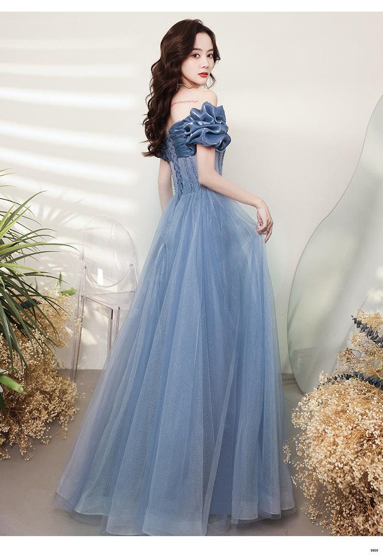 Blue Evening Dress Women's off-Shoulder 2024 New Autumn Banquet Temperament Performance Host Texture Art Exam Dress