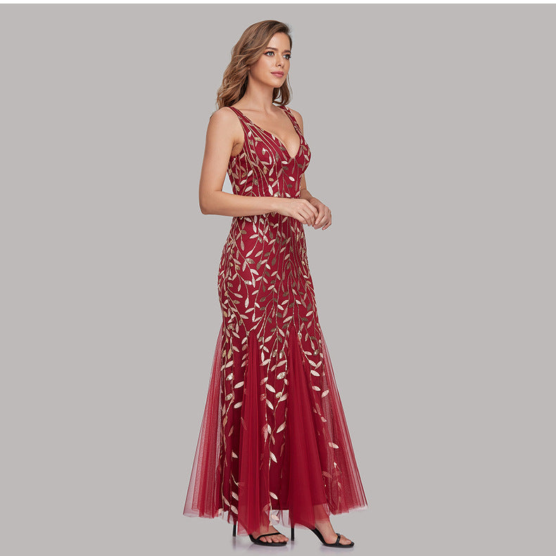 New 2023 Dress Sexy Dress Sleeveless V-neck Embroidery Sequin Slim Fishtail Bridesmaid Evening Dress for Women