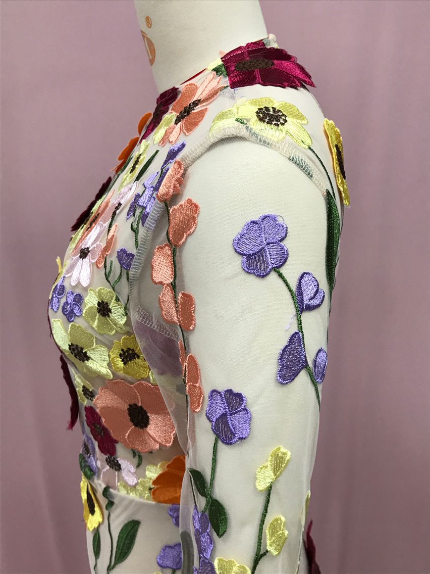 24 Cross-Border European and American Spring and Summer round Neck Colorful Three-Dimensional Flower Embroidery Mesh Slim Fit Sheath Fishtail Dress Dress