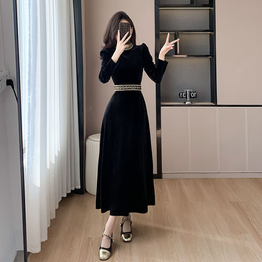 2023 New High-End Affordable Luxury Unique Super Nice Banquet Dress High-Grade Black Velvet Dress Women's Autumn and Winter