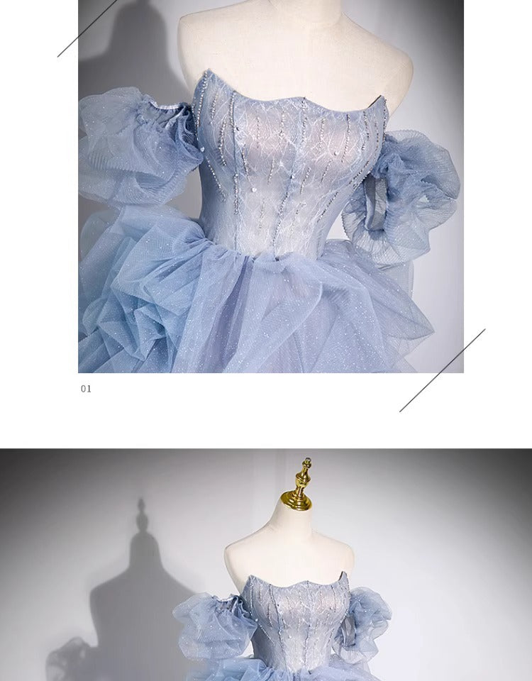 off-Shoulder Evening Dress Haze Blue Piano Performance Adult Ceremony Wedding Dress Bel Canto Solo Blue Gauze Skirt Art Test H2839