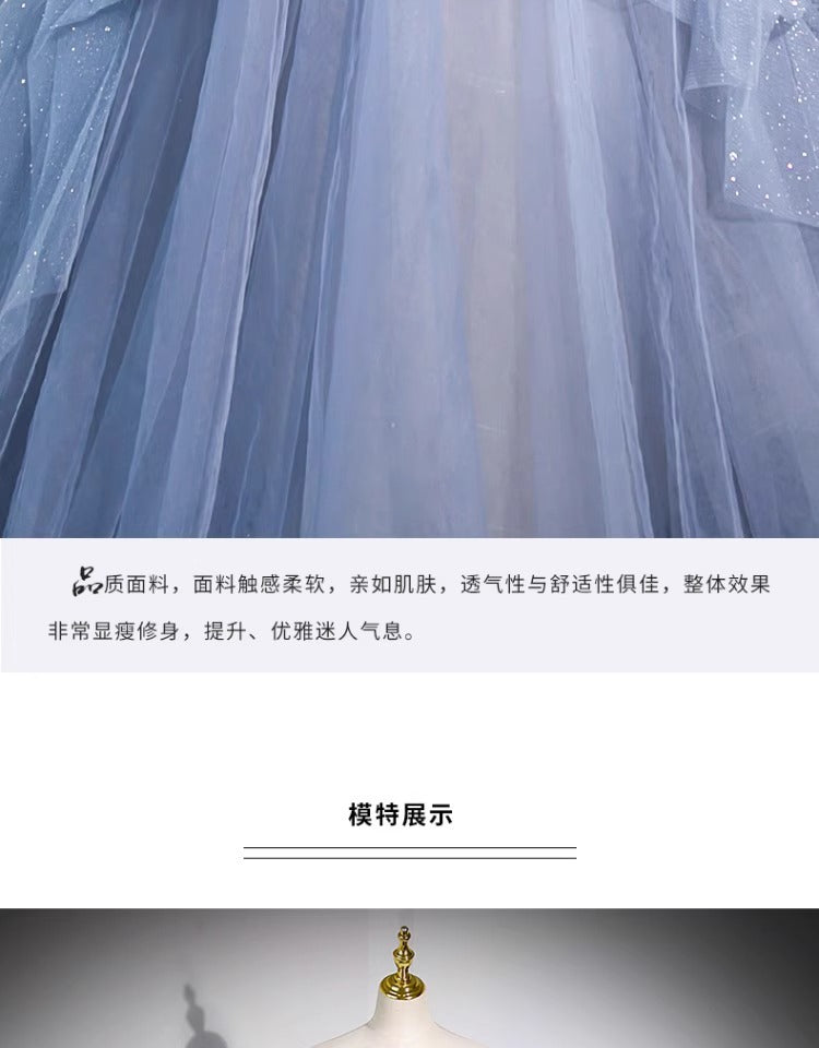 off-Shoulder Evening Dress Haze Blue Piano Performance Adult Ceremony Wedding Dress Bel Canto Solo Blue Gauze Skirt Art Test H2839