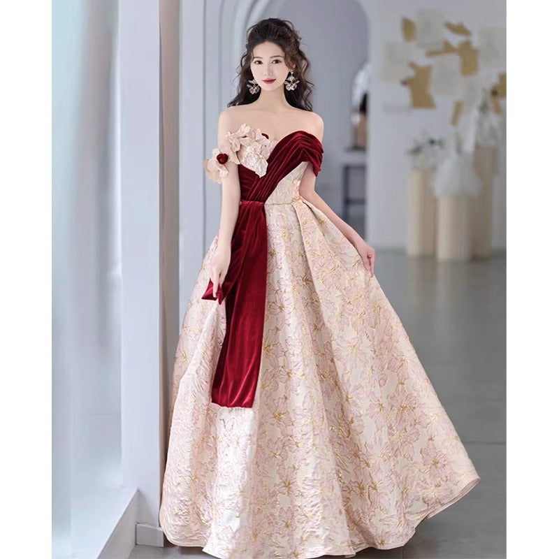 Evening dress gala ball gown pink flower red satin off shoulder Banquet French Bride H8923