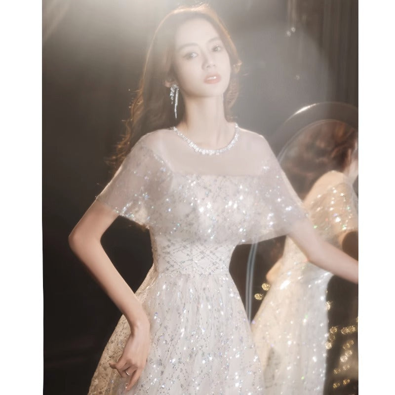 2024 New Sequined Evening Dress Women's High Sense Special Interest Light Luxury Banquet Temperament Annual Meeting Dinner Host