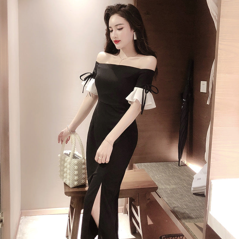 Women's off-Shoulder Black Banquet Evening Dress 2024 New Long Slim Fit Slimming Dress