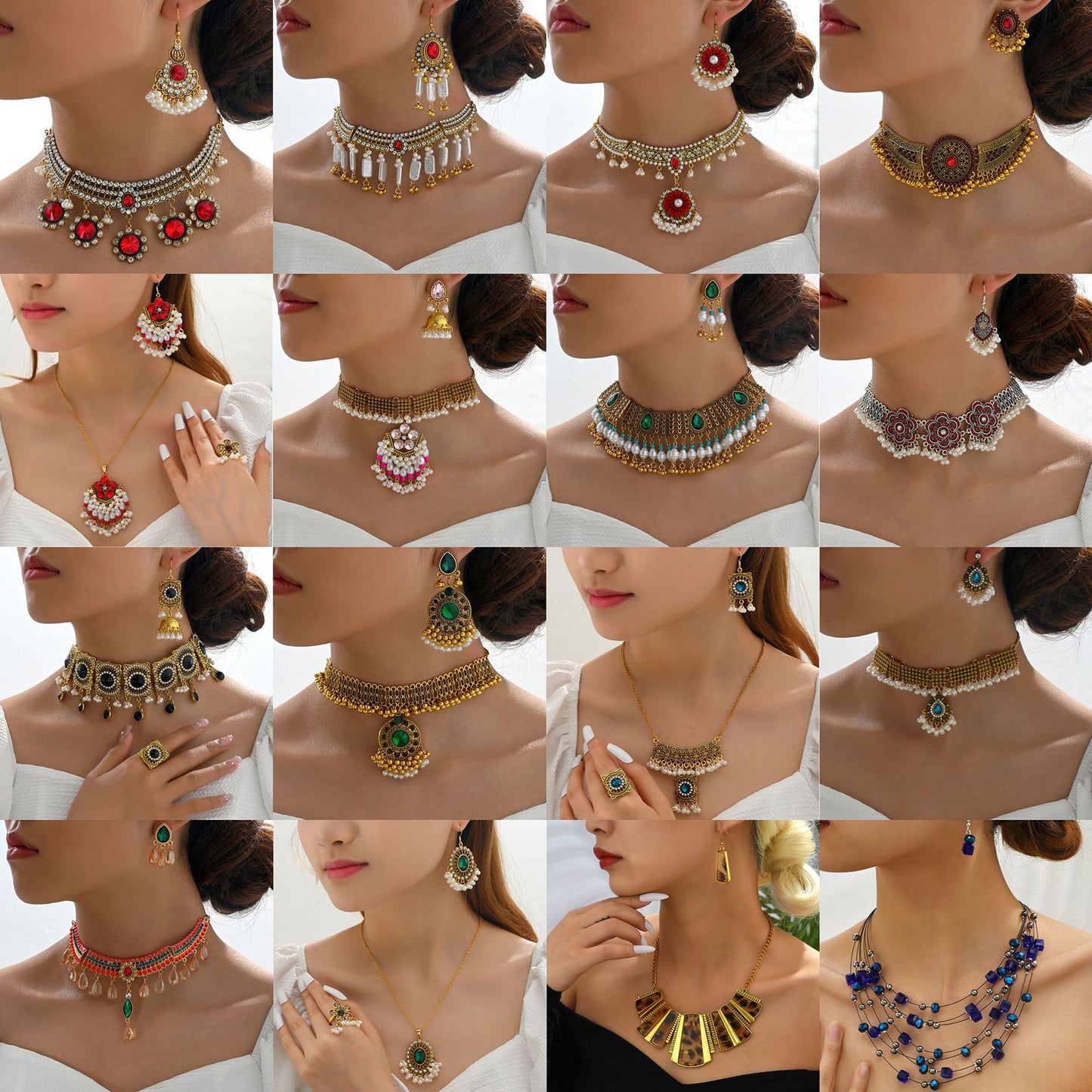 Necklace Jewelry Ornament Ethnic Style Vintage Gemstone Beads Jewelry 2 Pieces Set Earrings H820930