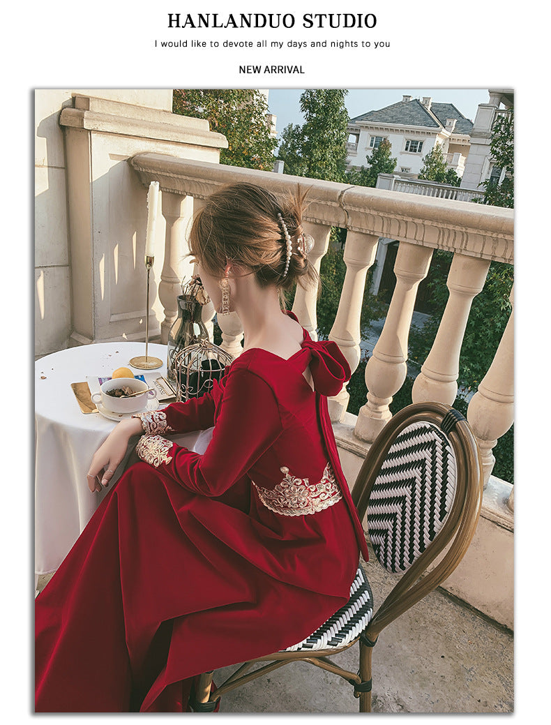 Toast Dress Bride 2024 New Autumn Velvet Long-Sleeved Red Back-to-Door Dinner Dress Marriage Engagement Toast