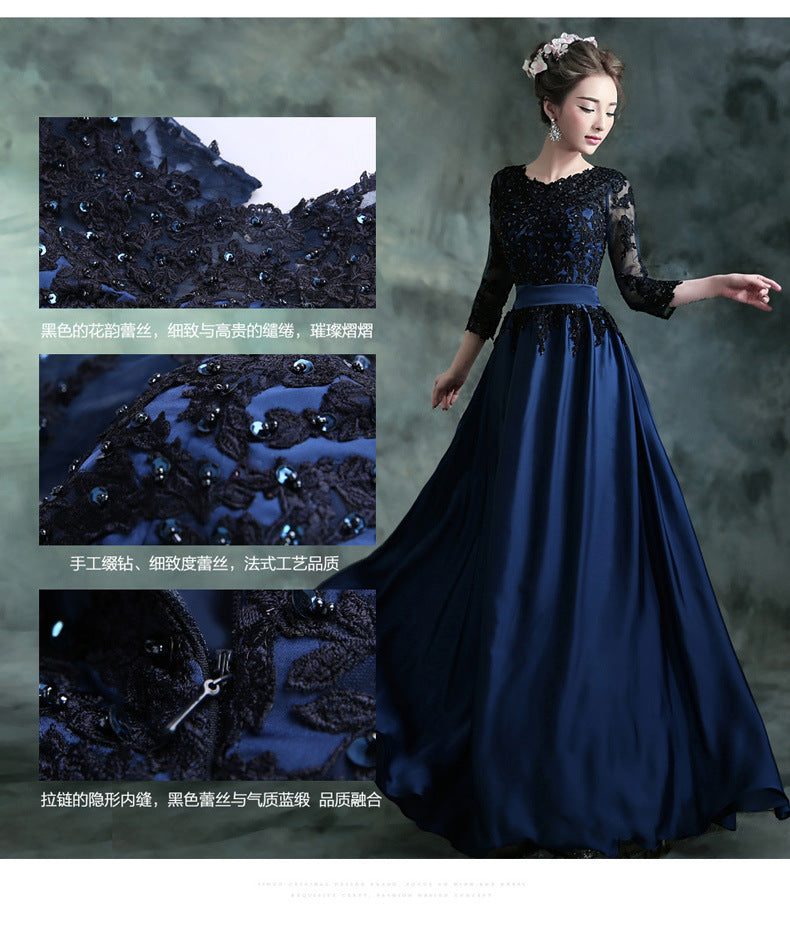 Blue and Black Mid-Length Long-Sleeved Bridal Wedding Dress 2024 New Autumn and Winter Banquet Annual Meeting Performance Host Long Evening Dress