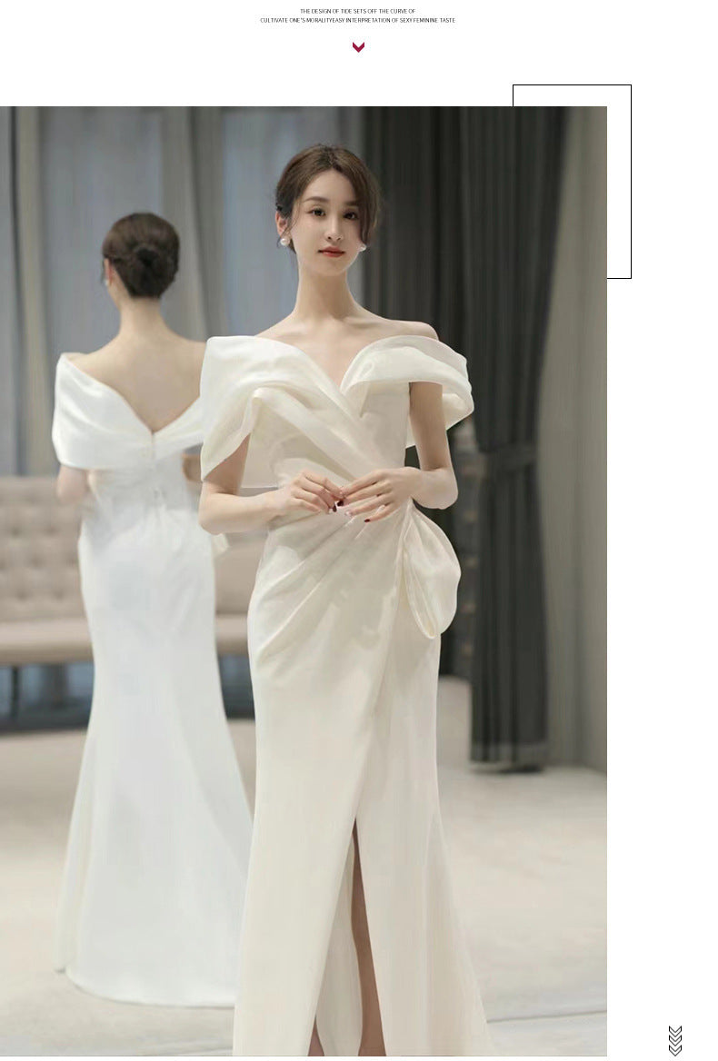 off-Shoulder White French Suit 2024 New Winter Light Luxury Minority High-End Engagement Fishtail High-End Evening Dress