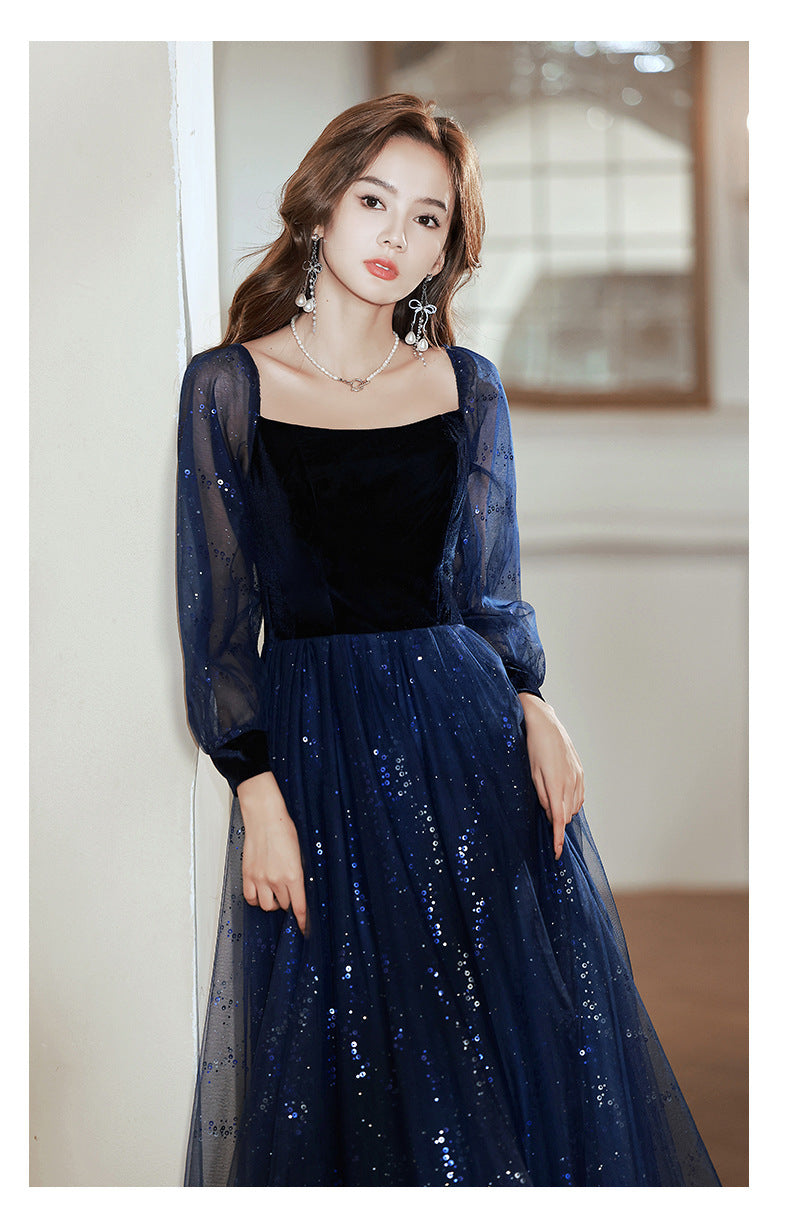 Women's Long-Sleeved Evening Dress for Banquet, High Sense High-End Affordable Luxury Niche Blue Sequined Conductor Chorus Solo Performance Costume