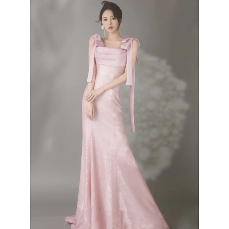 Pink Evening Dress Women's Sequined Mopping Sleeveless Niche Banquet Temperament Socialite Host Annual Party Evening Dress