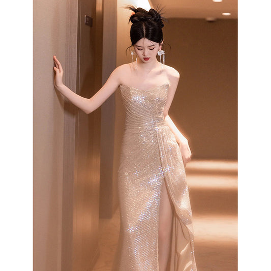 Sequined Tube Top Toast Dress Bride Engagement Fishtail Host Temperament Banquet Female Socialite High-Grade Evening Dress