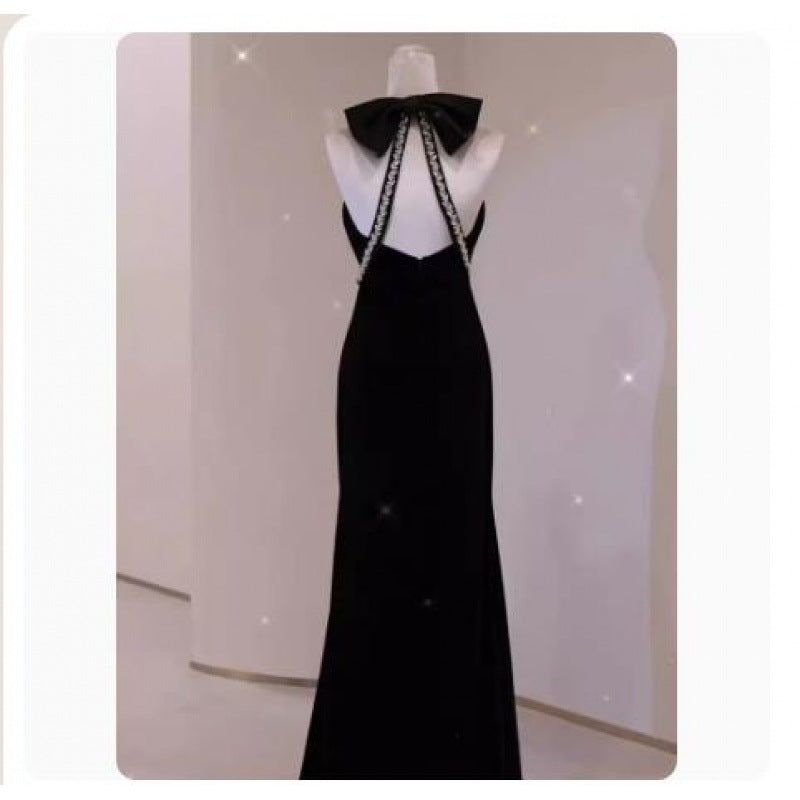 Hepburn style black fishtail halter dinner velvet evening dress ball gown h2811