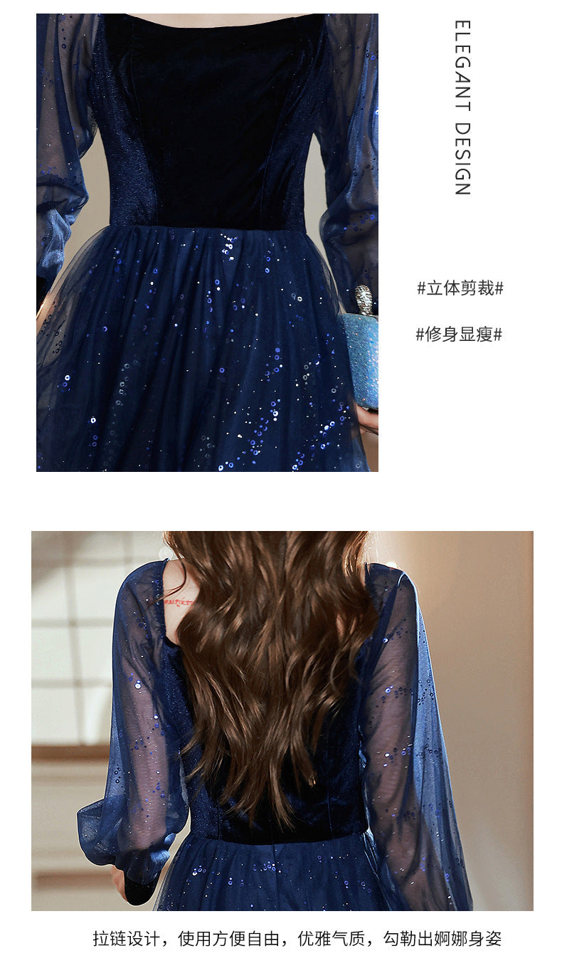 Women's Long-Sleeved Evening Dress for Banquet, High Sense High-End Affordable Luxury Niche Blue Sequined Conductor Chorus Solo Performance Costume