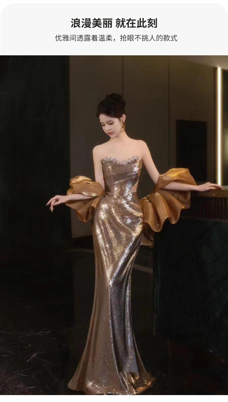 Golden Evening Dress 2024 High-Grade Wine Red Tube Top Bride Engagement Toast Dress Banquet Temperament Host
