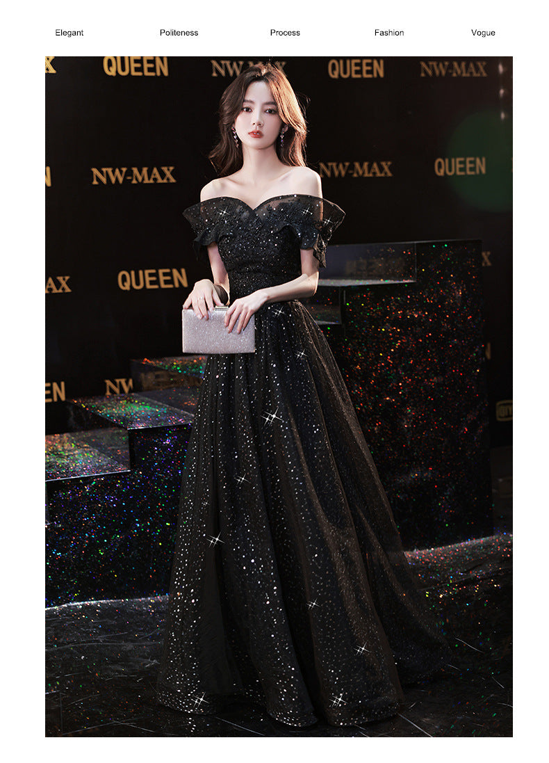 Banquet Small Evening Dress Dress Women's Sexy Charming Black Wedding Dress Birthday off-Shoulder Host Adult Ceremony