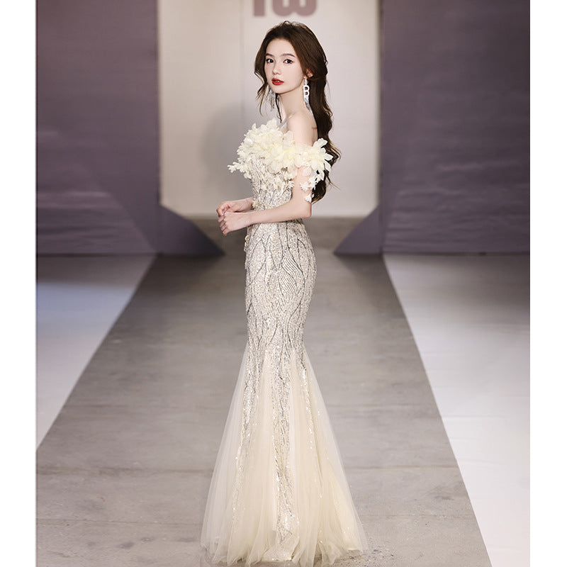 Fishtail Evening Dress 2024 off-Shoulder High-End Affordable Luxury Niche High-End Host Sequined Annual Meeting Dinner Flash