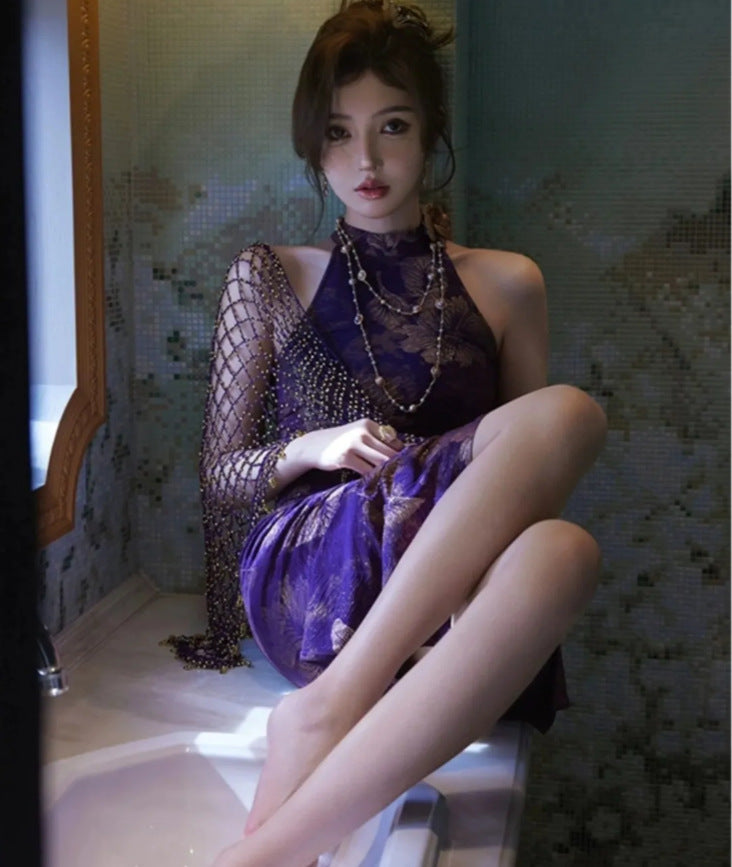 New Chinese Style Improved Cheongsam for Women 2024 New Young High-End Temperament Jacquard Purple Sexy Sheath Dress