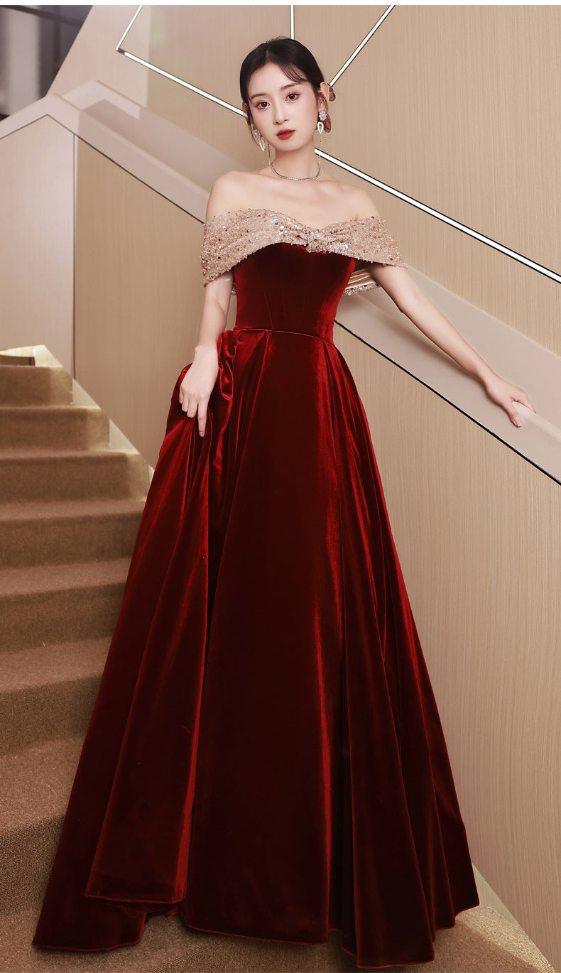 Western Style Clothing Dresses Bridal Summer Wine Red off-Shoulder Fashion Engagement Dress Women's Banquet Temperament Dress H98923