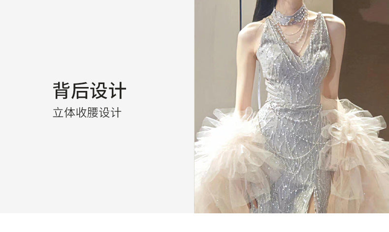 Banquet Evening Dress for Women 2024 New High-Grade Halter Host Performance Costume Toast Dress Bride Engagement Formal Dress