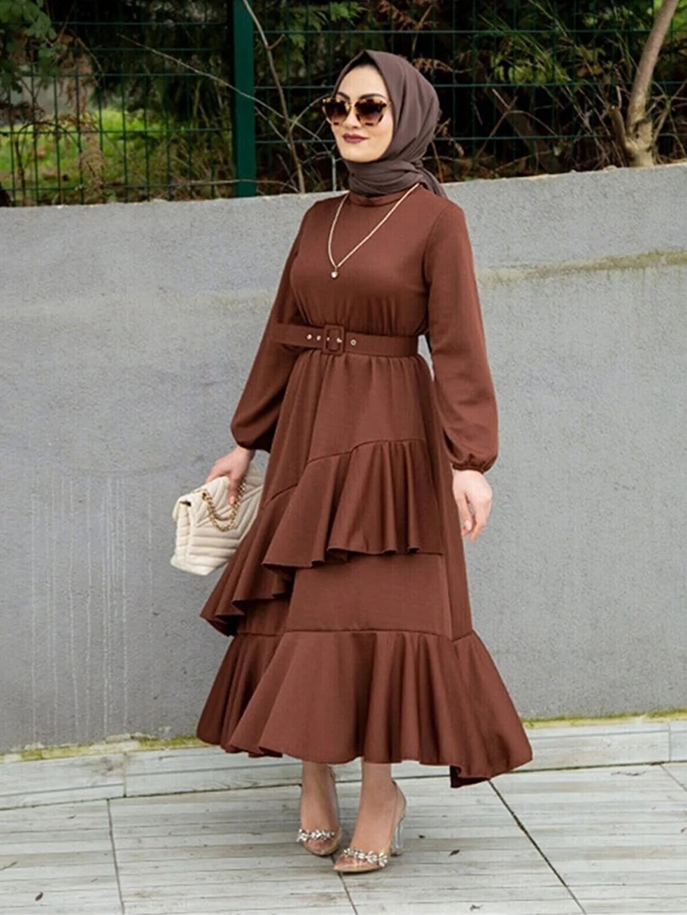 2207# Middle East Women's Clothing Turkey Explosion Long Dress Muslim Dress Double Layer Ruffled Waist Dress