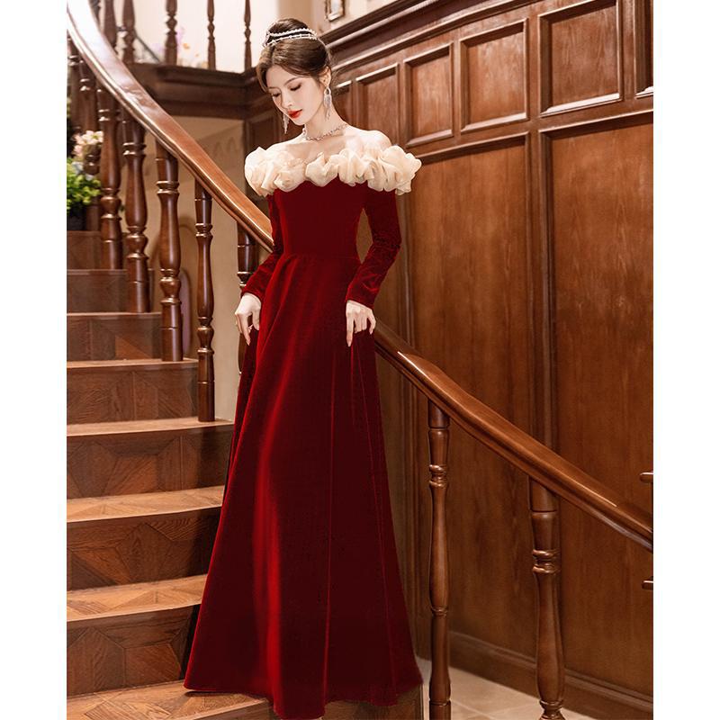 off-Shoulder Black Evening Dress 2024 New Banquet Temperament Host French Entry Lux Niche Long Sleeve Autumn and Winter