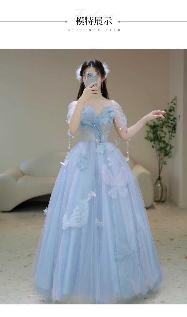 Blue Banquet Evening Dress for Women 2024 New High-Grade Princess on the Run Toast Dress Fairy Light Luxury Annual Meeting Dress