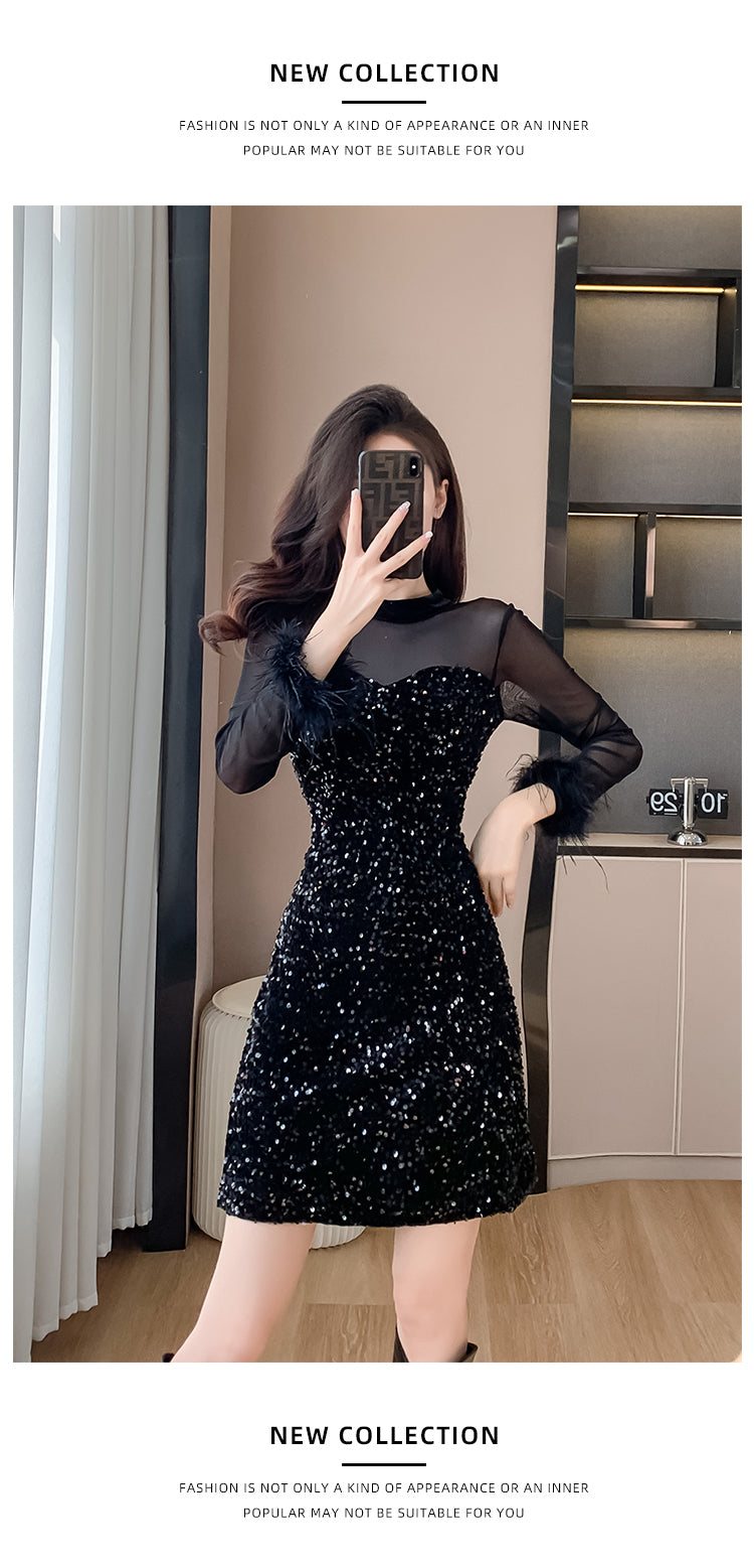 2023 Mesh Stitching Sequins Dress Women's French Entry Lux Sexy Waist Trimming Banquet Dress Sheath Black Dress